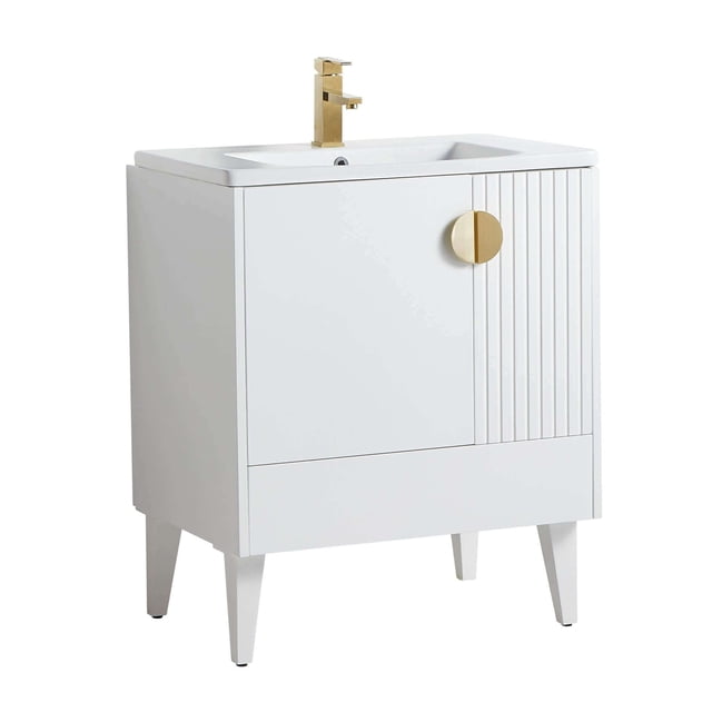 Fine Fixtures Collection Vénitienne - Meuble-Lavabo de Salle de Bain Blanc Simple de 30 Pouces, Poignées en Laiton.