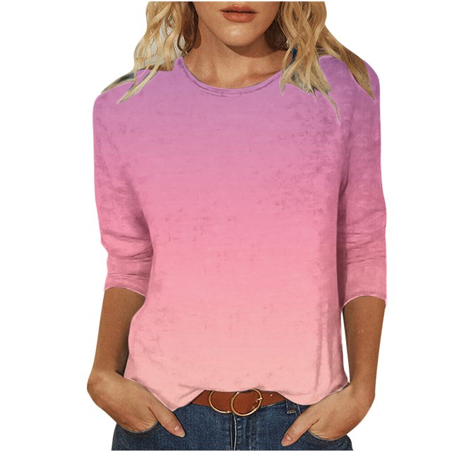 IROINID Économies Polyester T-Shirt à Manches Longues pour Femmes Loisirs Printemps Imprimé Manches Mi-Longues Col Rond Tee Hauts, Rose Vif