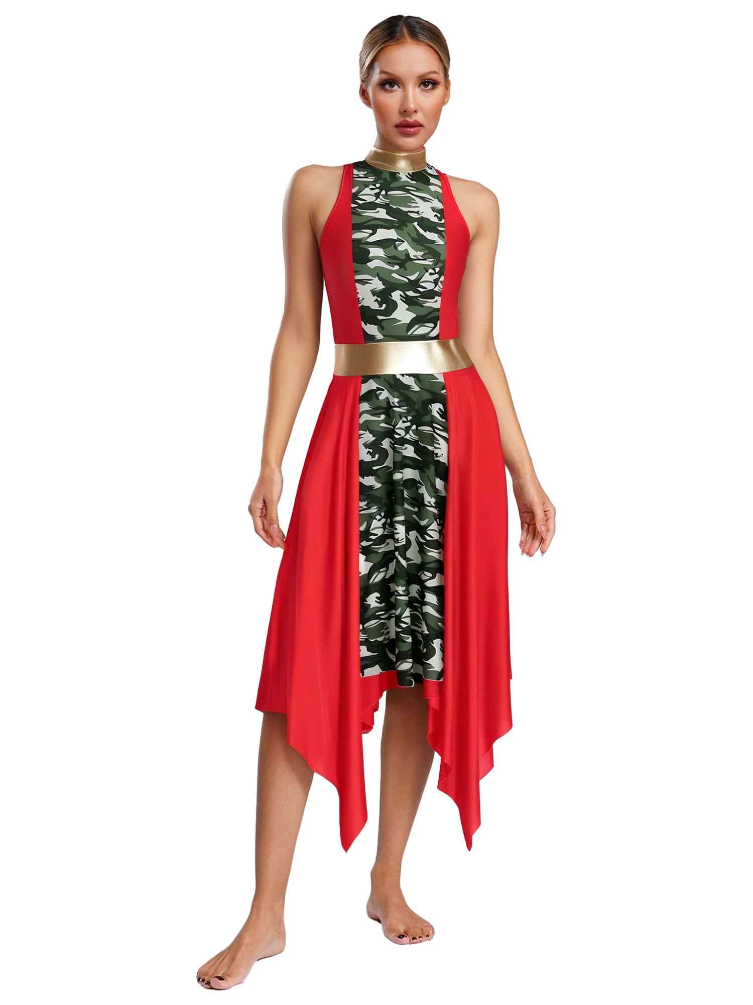 iiniim Robe de Danse de Louange pour Femmes Adultes Col Montant Ourlet Irrégulier Costume de Performance Liturgique Rouge TTG