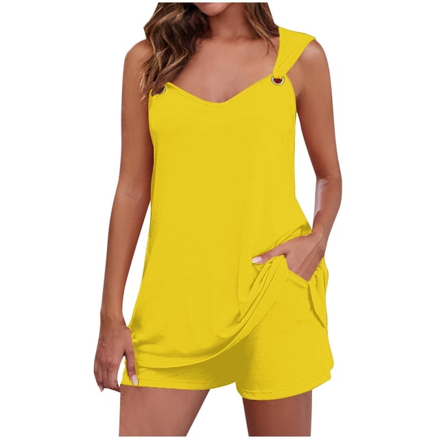 Yuyuzo Womens Lounge Sets Two Piece Square Neck Tank Tops Wide Leg Shorts with Pockets Matching Outfits