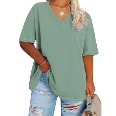 LOVZFMLL Women's Plus Size T-Shirts V Neck Summer Half Sleeve Tees Casual Loose Fit Basic Tunic Tops Workout Gym Clothes Army Green 3XL