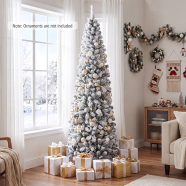 Costway 7.5 FT Unlit Flocked Pencil Christmas Tree Hinged with 641 Branch Tips