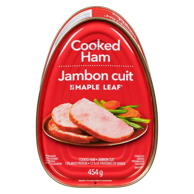 Jambon Cuit par Maple Leaf en Conserve Rouge en Forme de Goutte, Présentant du Jambon Rose Tranché avec des Haricots Verts et des Carottes dans une Assiette, 454 g Viande de Porc en Conserve Stable à Température Ambiante, Prête à Manger, Convient pour des sandwiches Rapides, la Friture Ou à Ajouter aux Soupes et aux casseroles.