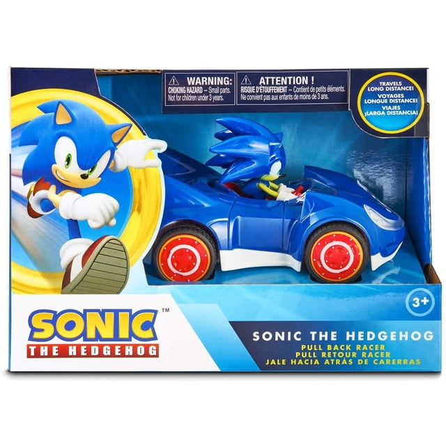 NKOK Sonic The Hedgehog All Stars Racing Pull Back Action toy car featuring Sonic in a blue Speed Star vehicle with red wheels. The pull-back racer requires no batteries and is suitable for children aged 3 and up. Packaged in a vibrant box with Sonic branding and safety warnings.