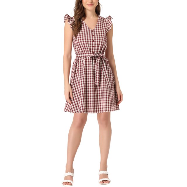 INSPIRE CHIC Women's V Neck Check Ruffled Sleeve Belted Plaids Mini Dress XL Wine Red