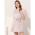 thumbnail image 2 of INSPIRE CHIC Robe Satinée à Manches Courtes Bouffantes pour Femme, Col Montant à Volants, Taille à Nouer, Rose, P, 2 of 5