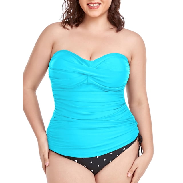 RELLECIGA Women's Ruched Bandeau Tankini Top Swimsuits in a vibrant blue color, featuring a criss-cross bust design and ruched torso for a flattering fit. The top includes molded cups with non-removable soft padding for support, adjustable and removable shoulder straps, and non-slip silicone strips along the bust line for secure wear. Shown paired with black polka dot bikini bottoms.