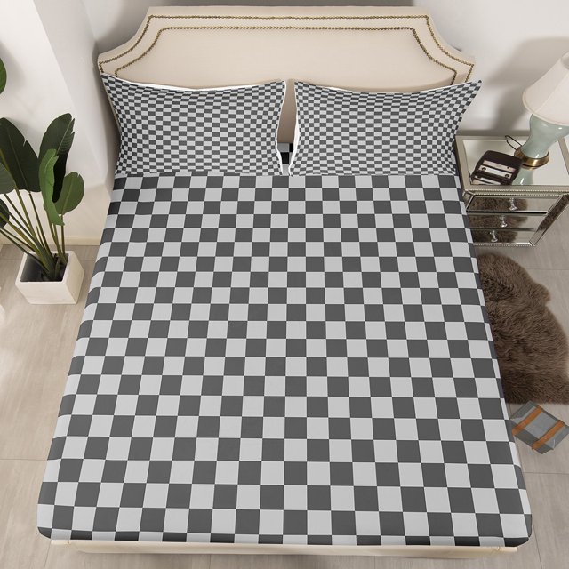 Erosebridal Checkered Gingham Fitted Sheet Set Queen, Grey Bedding Queen Size, Rectangle Geometry Decor, 3-Piece(No Top Sheet)