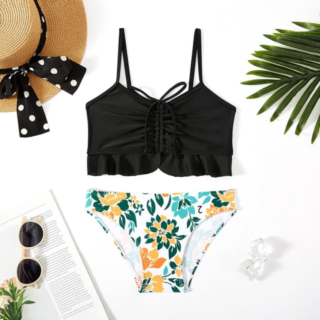 IROINID Girls Swimsuit 2 PC Bikini Set Ruffle Bathing Suits Flounced Swimwear 5-13 Years Black 5Y