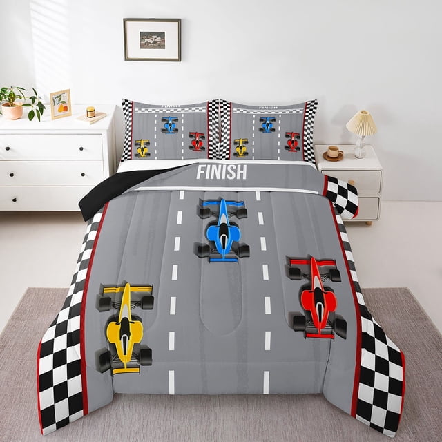 Erosebridal Colorful Race Car Bedding Sets King with Comforter for Teens Kids, Racing Track Duvet Insert, Grey, Reversible 3pcs