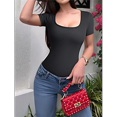 thumbnail image 3 of Women's 2 Piece Bodysuits Ribbed Square Neck Short Sleeve Bodysuits Black L, 3 of 6