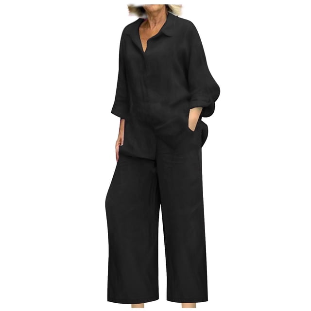 Women 2 Piece Linen Sets 2025 featuring a button-up long sleeve shirt and drawstring wide-leg pants in a solid black color. This matching linen outfit is ideal for summer, offering a relaxed and breathable fit. Perfect for casual outings, lounging, travel, or as a stylish beachwear set.