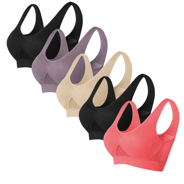 Bras for Women 5PC Womans Solid Color Gathered Together Large Size Daily Bra Underwear No Rims. A set of five supportive bras in solid colors including black, beige, purple, and coral, featuring a gathered design with breathable mesh panels and wide straps for comfort. Made from nylon and spandex, suitable for everyday wear and available in plus sizes S to 6XL.