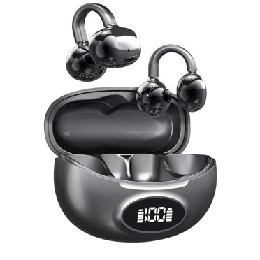 Black Clip On Bluetooth Earphones 5.4 Wireless Open Ear Headphones With Noise Reduction Dual Mic Comfortable Fit For Sports Running Workout 3.70 Oz