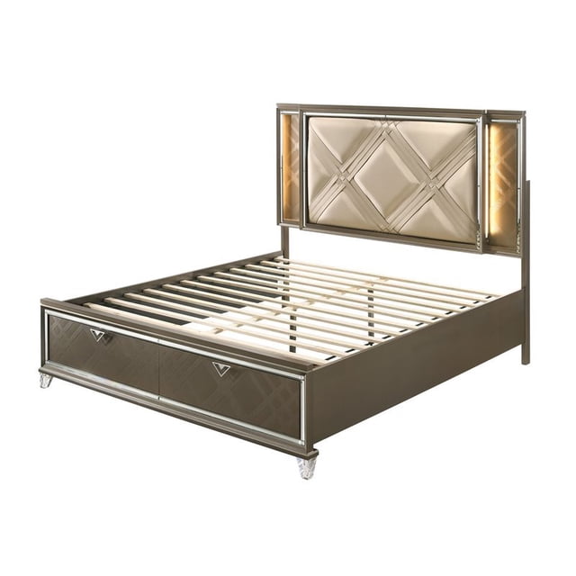 Lit Grand Skylar avec Rangement à DEL en PU et Champagne Foncé