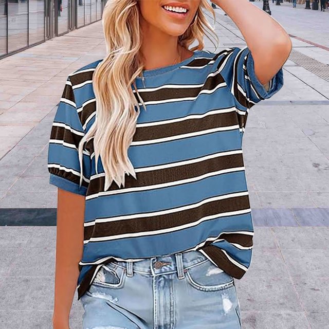 Pxiakgy Vente Chaude!! Hauts Rayés pour Femmes Col Rond Manches Courtes T-Shirt Tendance 2025 Basique Été Décontracté T-Shirts Amples à Rayures Color Block Blouses Amples Basiques Bleu L
