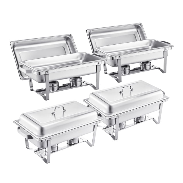 Ensemble de Buffets à Réchaud KFFKFF, 8 Qt, Lot de 2, Réchaud en Acier Inoxydable avec 2 Poêlons Pleine Grandeur, Chauffe-Restaurant Rectangulaire avec Couvercle, Support de Poêle à Eau et Support de Carburant, pour Mariages Fêtes Banquets, Vue Centrée Argentée Orientée vers l'Avant de Deux Réchauds Rectangulaires en Acier Inoxydable Argent avec Couvercles et Cadres Pliables; Chacun Comprend un Poêle à Aliments Pleine Grandeur, Poêlons d'Eau Visibles avec Supports de Carburant et une Pince-Repas, Capacité de