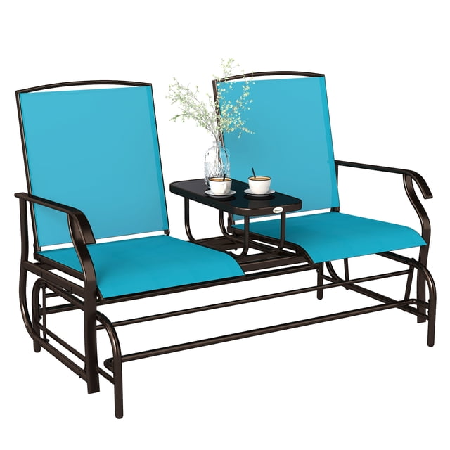 Outsunny Banc à Bascule d'Extérieur avec Table Chaise à Glissière pour 2 Bleu