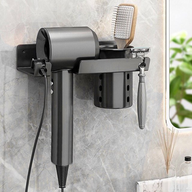 Zonao Hair Dryer Holder Wall Mounted,Self-Adhesive Blow Dryer Rack Removable Hair Organizer with Plug Hook,Multi-Functional Hair Care Styling Tool Storage Basket for Bathroom Blow Dryer Rack Holder