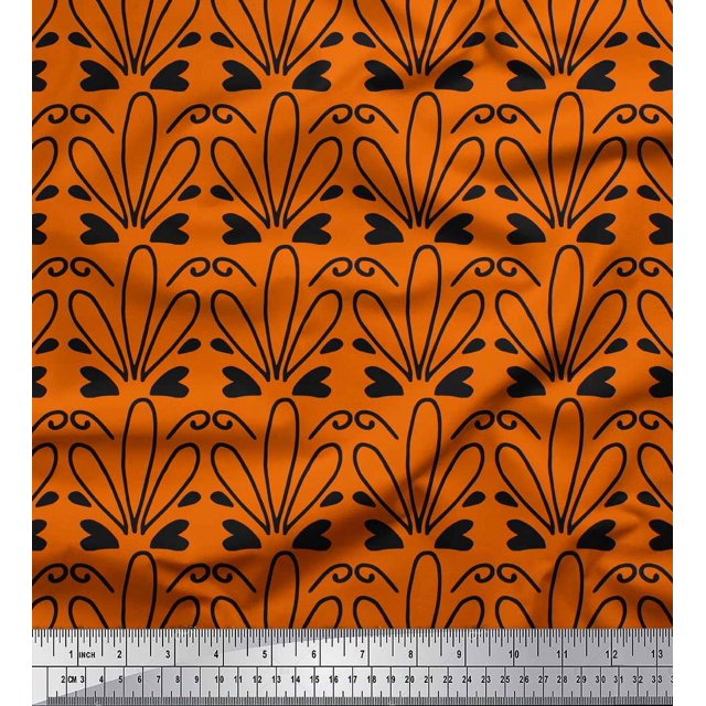 Soimoi Orange Silk Fabric Tendril & Abstract Print Sewing Fabric Yard 42 Inch Wide