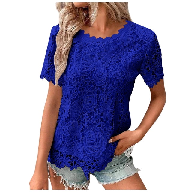 Haut en Dentelle pour Femmes Col Rond Crochet Manches Courtes - T-Shirt Décontracté d'Été - TTTG-TTTTTG