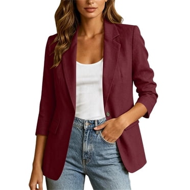 ShomPort Women's Blazer Cotton Linen 3/4 Sleeve Button down Lapel Suit Jacket with Pockets Commuting Business Casual Blazer