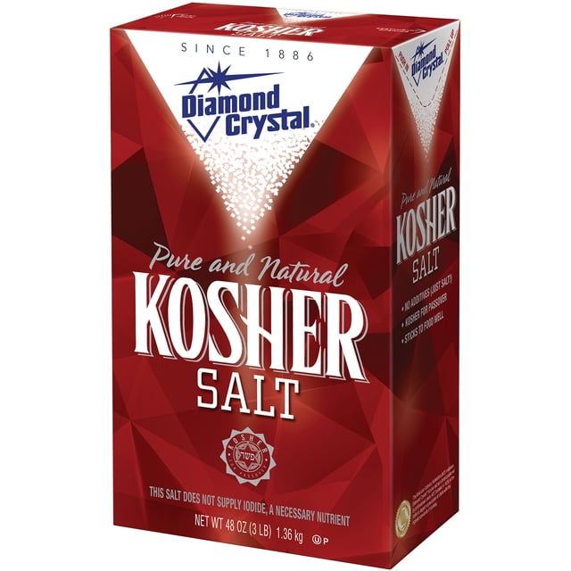 Diamond Crystal Kosher Salt, 3 lbs box with a red geometric design and white text highlighting its pure and natural qualities. The packaging features the Diamond Crystal logo and mentions its large crystal texture, pure taste, and versatility for cooking, seasoning, and foodservice. Certified kosher for Passover and free of additives.