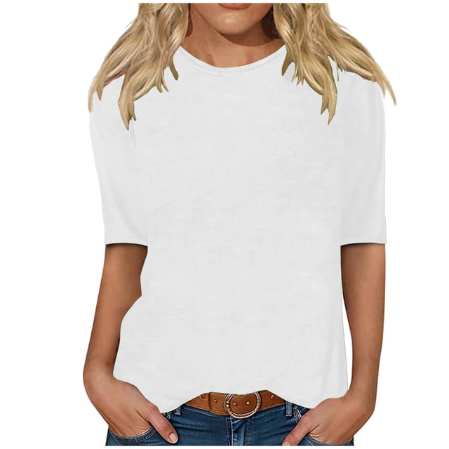 cfhntfmh T-Shirts à Manches 3/4 pour Femmes, Décontractés, Amples, Col Ras du Cou, Été, Mignons, Tuniques Unies, 2025