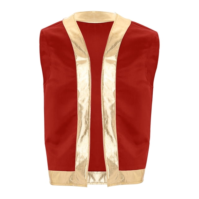 Hansber Gilet Sans Manches de Costume de Lampe Prince Arabe pour Homme en Rouge avec Garniture Métallique Dorée, Idéal pour le cosplay, l'Halloween, le Jeu de Rôle et les Fêtes Costumées. Fabriqué en polyester Respirant à devant Ouvert et Coupe Ample, Convient pour Superposer sur d'Autres Vêtements.