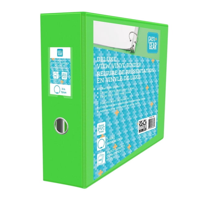 Pen + Gear Reliure Vinyle Vue de Luxe en Vert Vif avec Anneaux Ronds de 3 Pouces Pouvant Contenir jusqu'à 460 Feuilles, Dotée d'Une Poche avant Transparente, d'Un Verrou d'Angle pour Sécuriser les Papiers et d'Un Anneau pour Doigt pour un Accès Facile, Présentée dans une Vue de Profil 3/4 avec une Housse en Vinyle durable Sans PVC Idéale pour l'Organisation du Bureau et de l'École.