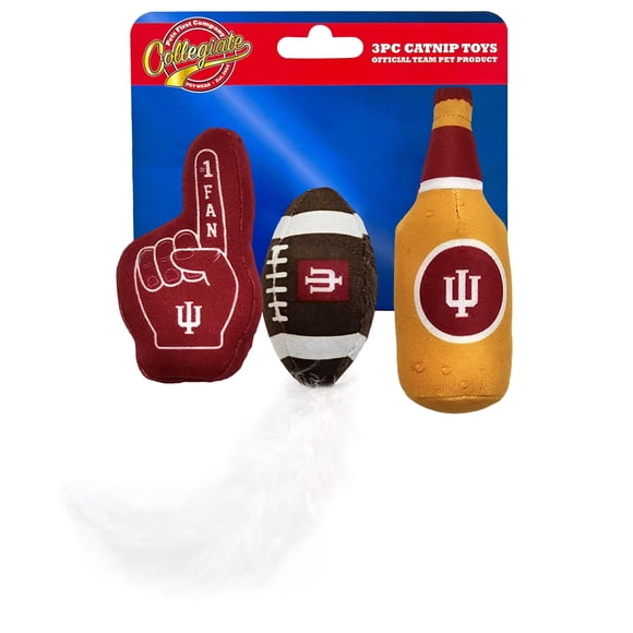 BEST PLUSH CAT TOY NCAA INDIANA HOOSIERS Complete Set of 3 piece Cat Toys filled with Fresh Catnip. Includes: 1 Helmet Cat Toy 1 Football Cat Toy with Feathers & 1 Beer Bottle. Beautiful Team LOGO