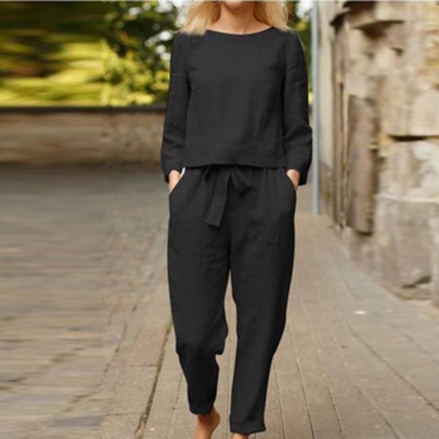 TIMIFIS Two Piece Sets for Women Fall Cotton Linen Outfits Casual Crew Neck Solid Long Sleeve Shirts Set Long Pants Suits with Pockets - Spring/Summer