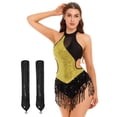 thumbnail image 1 of YONGHS Justaucorps-Robe de Danse Latine Jazz à Franges pour Femme, Haut Justaucorps Rumba de Salle de Bal avec Gants, Or L, 1 of 5