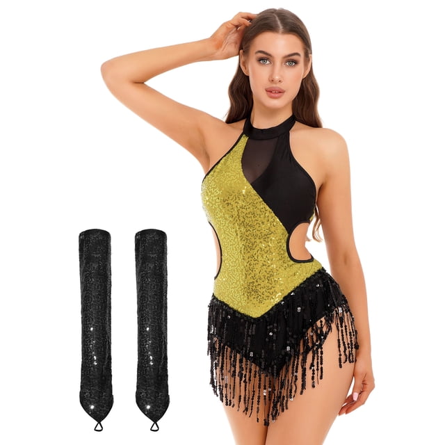 YONGHS Justaucorps-Robe de Danse Latine Jazz à Franges pour Femme, Haut Justaucorps Rumba de Salle de Bal avec Gants, Or L