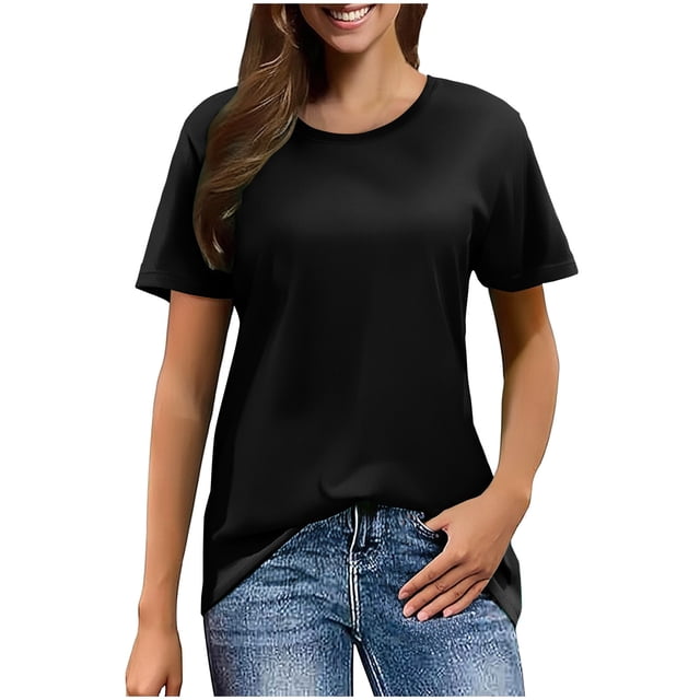 Baberdicy T-Shirts à Manches Courtes Décontractés Unis Amples à Col Ras du Cou pour Femmes Noir TTG