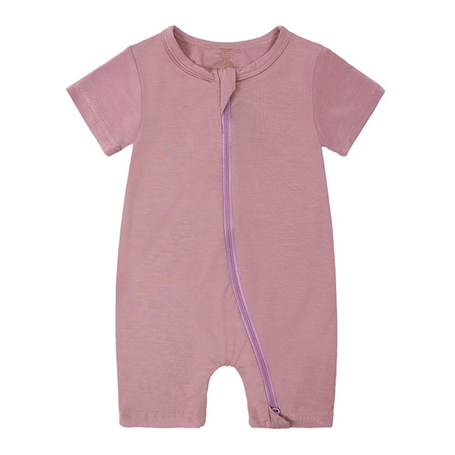 AherBiu Unisex Baby Clothes Short Sleeve Zip up Newborn Onesie Summer Crewneck Solid Color Rompers Outfits