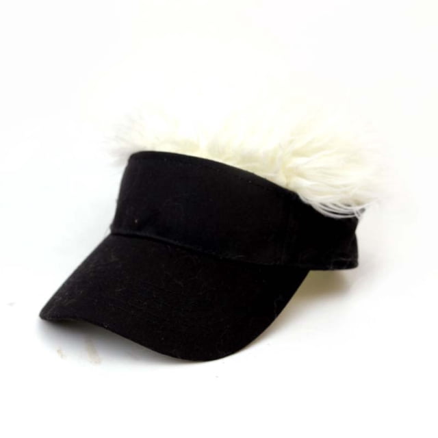 WIFKLSIIPG Fashion DIY Hairstyle Adult Funny Baseball Cap with Hop Hair Wig Solid. A black baseball cap featuring a large white faux hair wig attached to the top, creating a humorous and stylish look. Made of breathable, soft, and skin-friendly material, suitable for outdoor activities like hiking, running, and parties. Designed for adults with a head circumference of 55-58 cm (21.65-22.83 in).