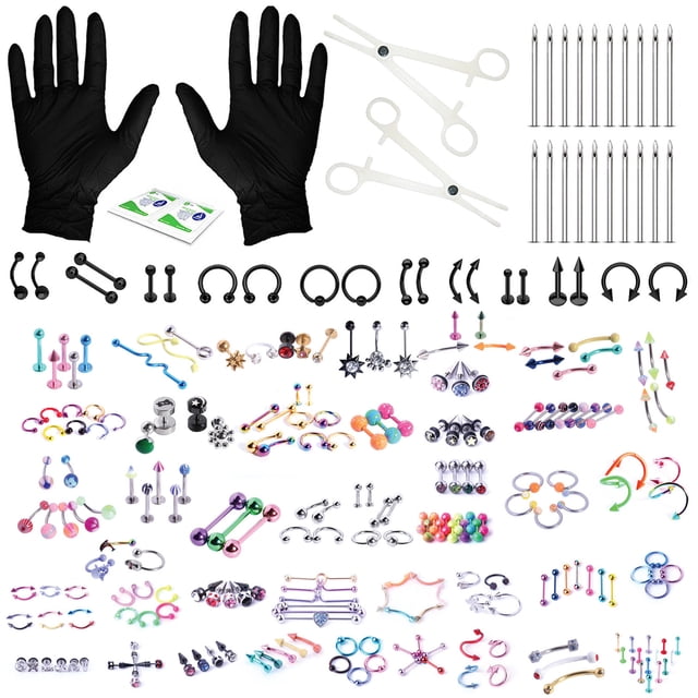 BodyJ4You 156PC Body Piercing Kit Lot 14G 16G Black Belly Ring Tongue Tragus RANDOM Mix Jewelry