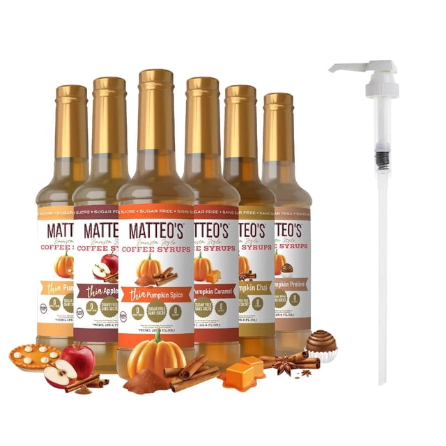 Matteo's Sirop de Café Sans Sucre, Assortiment Récolte, 6 X 750 ml + 1 Pompe