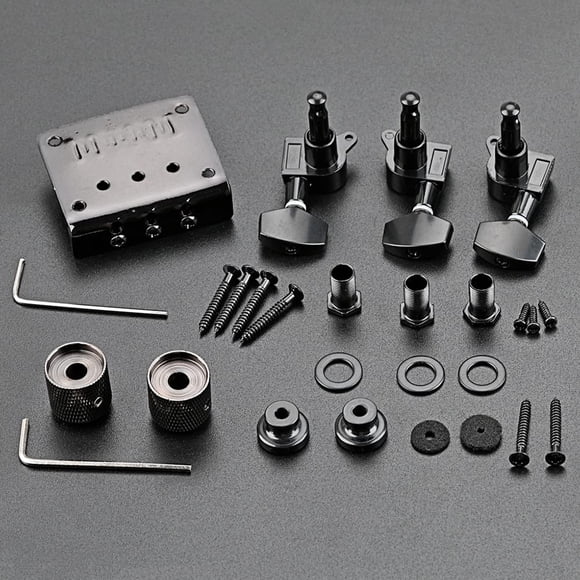 Guitar Bridge Set – 3-String Hardtail Adjustable – for Electric Cigar Box – 1R2L Tuning Pegs & Knobs – Easy Install – Replacement – Black