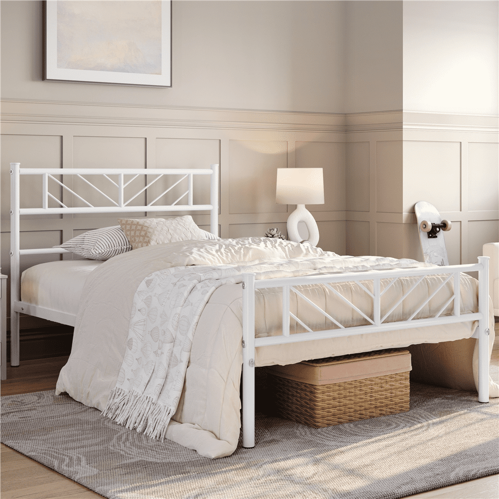 FullFurnique Minimalist Metal Platform Bed with Arrow Design Headboard for Adults, Full, White