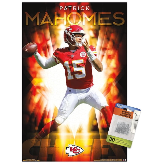 NFL Kansas City Chiefs - Patrick Mahomes II Affiche Murale 18, 22,375 Pouces x 34 Pouces Encadrée Montrant le Quart-Dos Patrick Mahomes en Uniforme des Chiefs Rouge et Blanc Numéro 15 Lançant un Ballon de football avec un Arrière-Plan d'Éclatement orange et Jaune Ardent et le logo des Chiefs au Bas, Comprend des Punaises Transparentes pour une Suspension Facile, Convient pour Décorer les Chambres de Fans Ou les Bureaux.