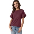 thumbnail image 1 of Womens Short Sleeve Tops Summer Tshirts Casual Ruffle Crewneck Fashion Blouse Dark red L, 1 of 9