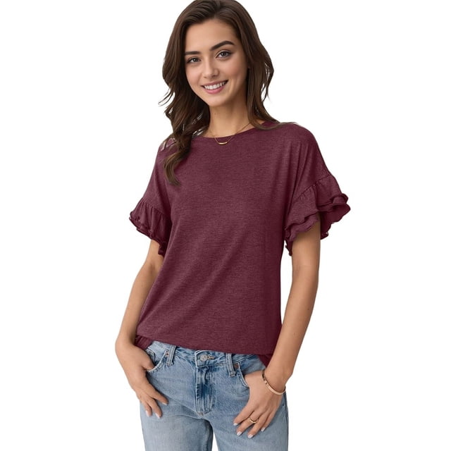 Womens Short Sleeve Tops Summer Tshirts Casual Ruffle Crewneck Fashion Blouse Dark red L