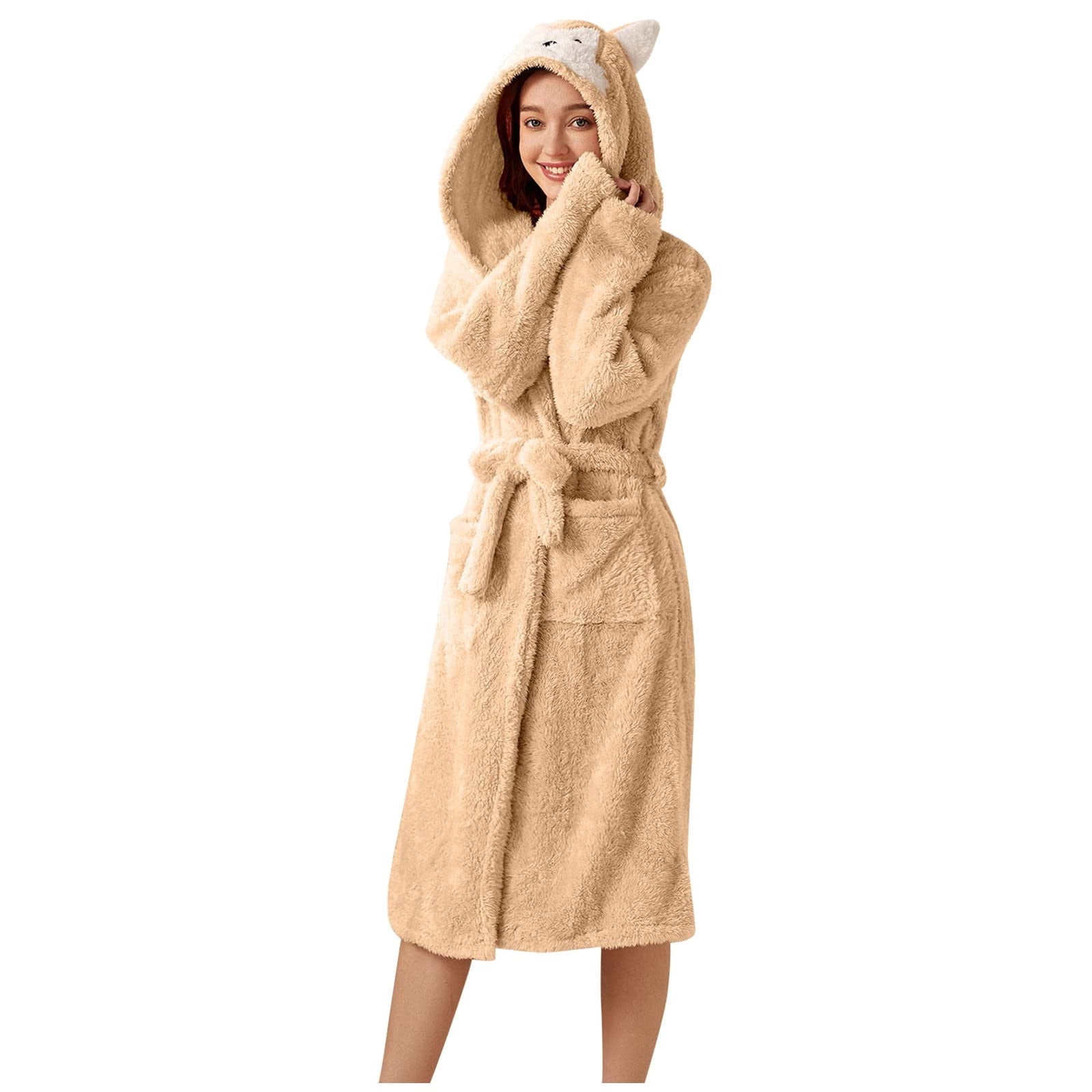 Teissuly Peignoirs pour Femmes Mode Allongé Garder au Chaud Col à Revers Même Style Pyjama à Capuche Uni Manches Longues Nuisette