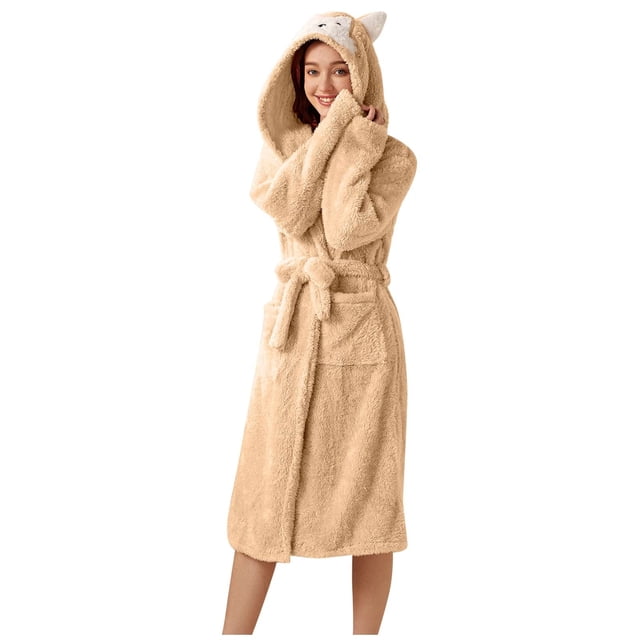 Teissuly Peignoirs pour Femmes Mode Allongée Garde au Chaud Col Châle Même Style Pyjama à Capuche Manches Longues Robe de Nuit Unie