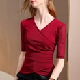 thumbnail image 2 of Wrap Tops for Women Ruched V Neck Slim Fitted Half Sleeve Business Casual Work T Shirts Blouse, 2 of 3