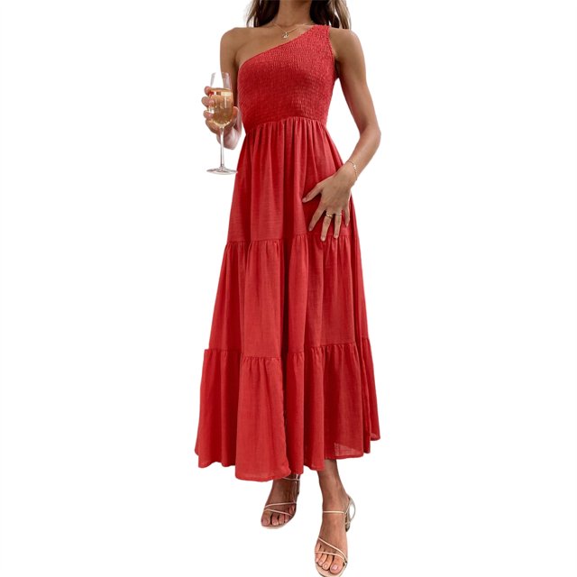 Robe Longue Femme Décontractée Taille Évasée Sans Manches Plissée Midi Fête Danse Plage Vacances Bureau Mode Été Rouge S