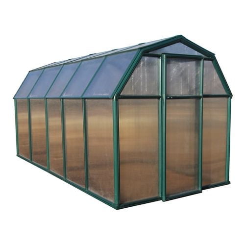 Rion EcoGrow Greenhouse 6' 6'' X 12' 6'' with green UV-protected PVC resin frame and dual-walled polycarbonate panels, featuring a hinged door with latch and manual roof vent, designed for easy no-tool assembly and durable outdoor garden use, also ideal for starting seedlings or protecting plants from harsh weather.