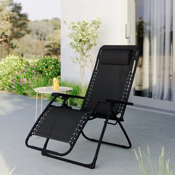 Mainstays Outdoor Steel Reclining Zero Gravity Chair with Cup and Phone Holder, Black
